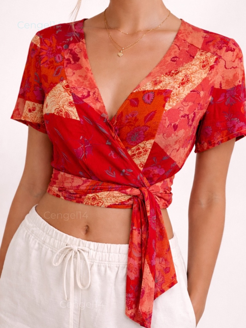 Free People Ashley Wrap Crop Top Patchwork Red Pink M NWT $98